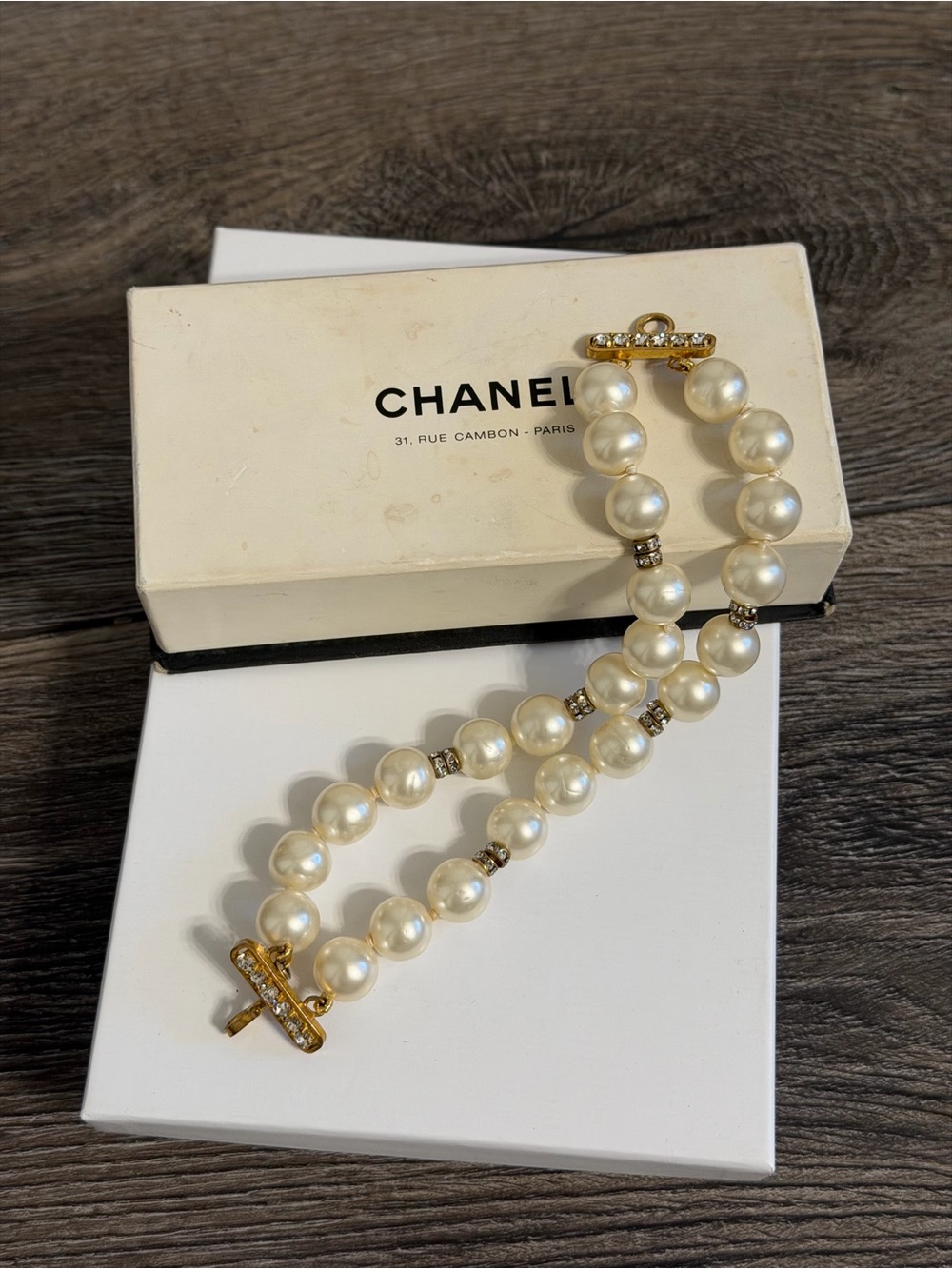 CHANEL Vintage Double Strand Faux Pearl Bracelet with Gold Accents
